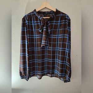 Womens light fabric Brown and Blue Plaid Shirt with bow tie neck